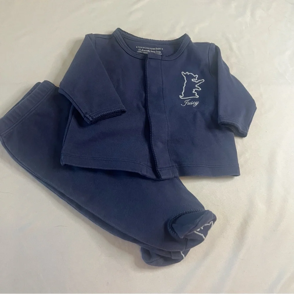 Juicy‎ Couture Baby 0-3M Blue Bunny Logo Cardigan Pants Cotton Outfit Set